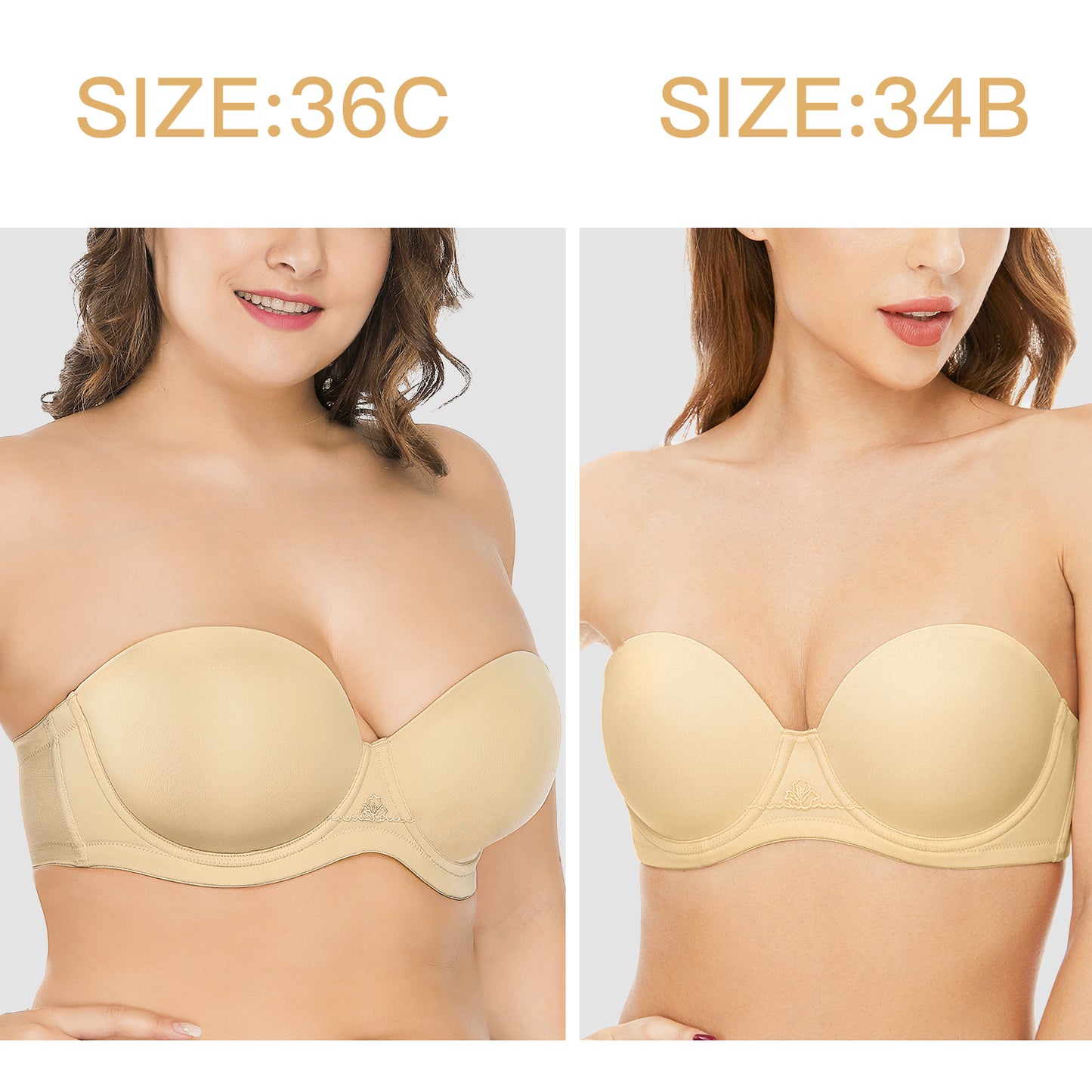 Deyllo Women's Push Up Strapless Bras Full Cup Plus Size Underwire Support Padded Bra Beige Bras