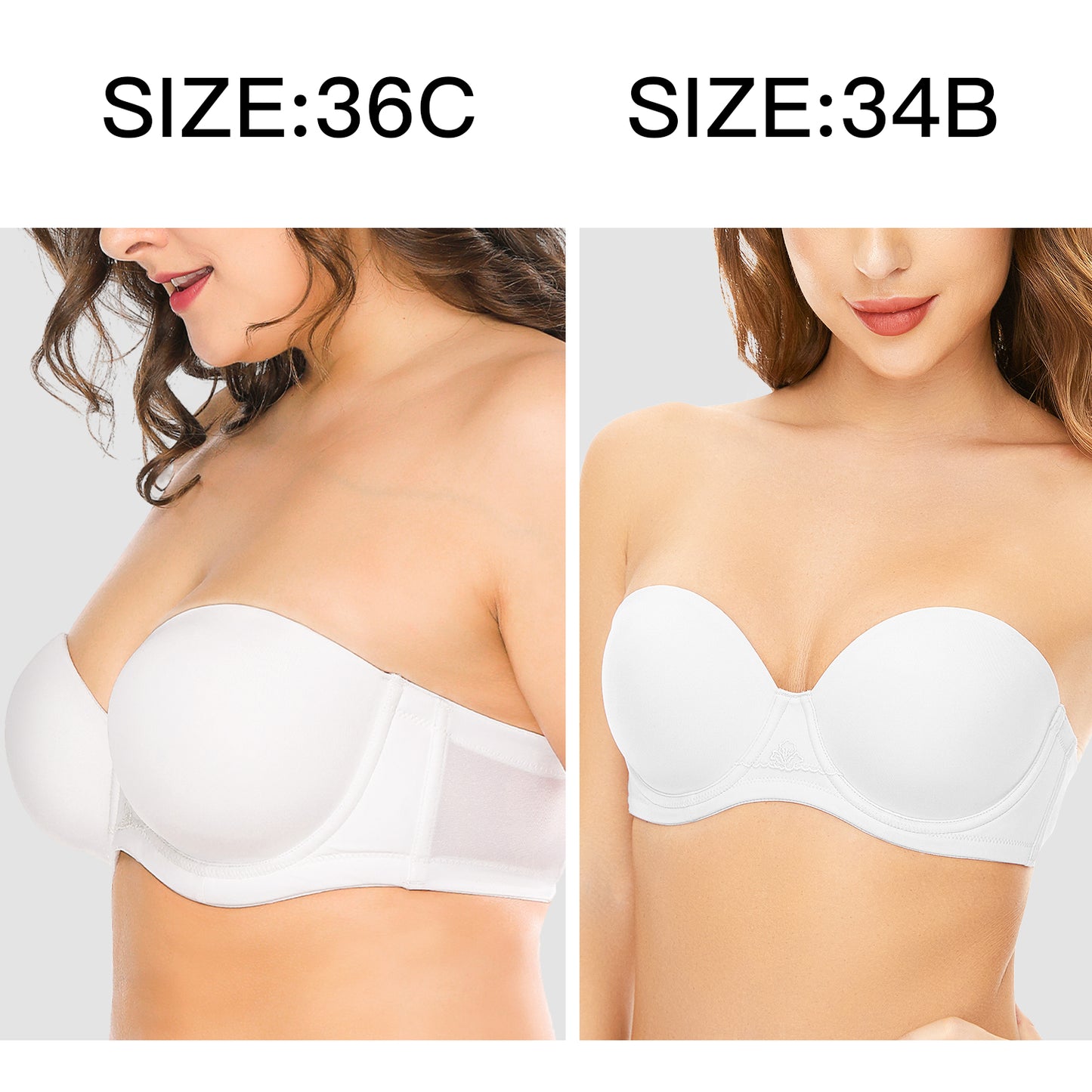 Deyllo Women's Push Up Strapless Bras Full Cup Plus Size Underwire Support Padded Bra White Bras