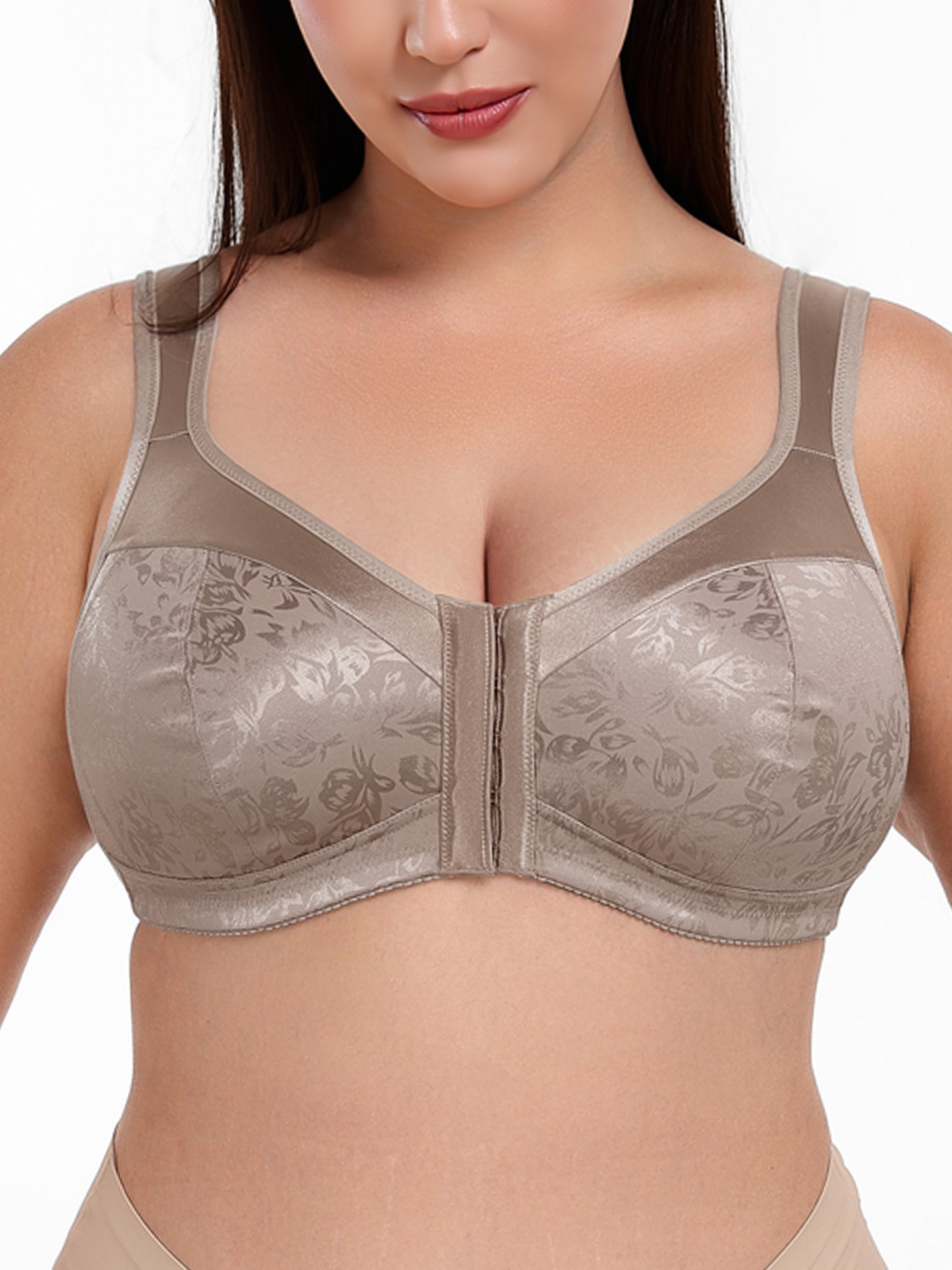 Deyllo Women Minimizer Bras Front Closure Wireless Bras Plus Size Full Coverage Bras Non Padded High Support Brown Bras