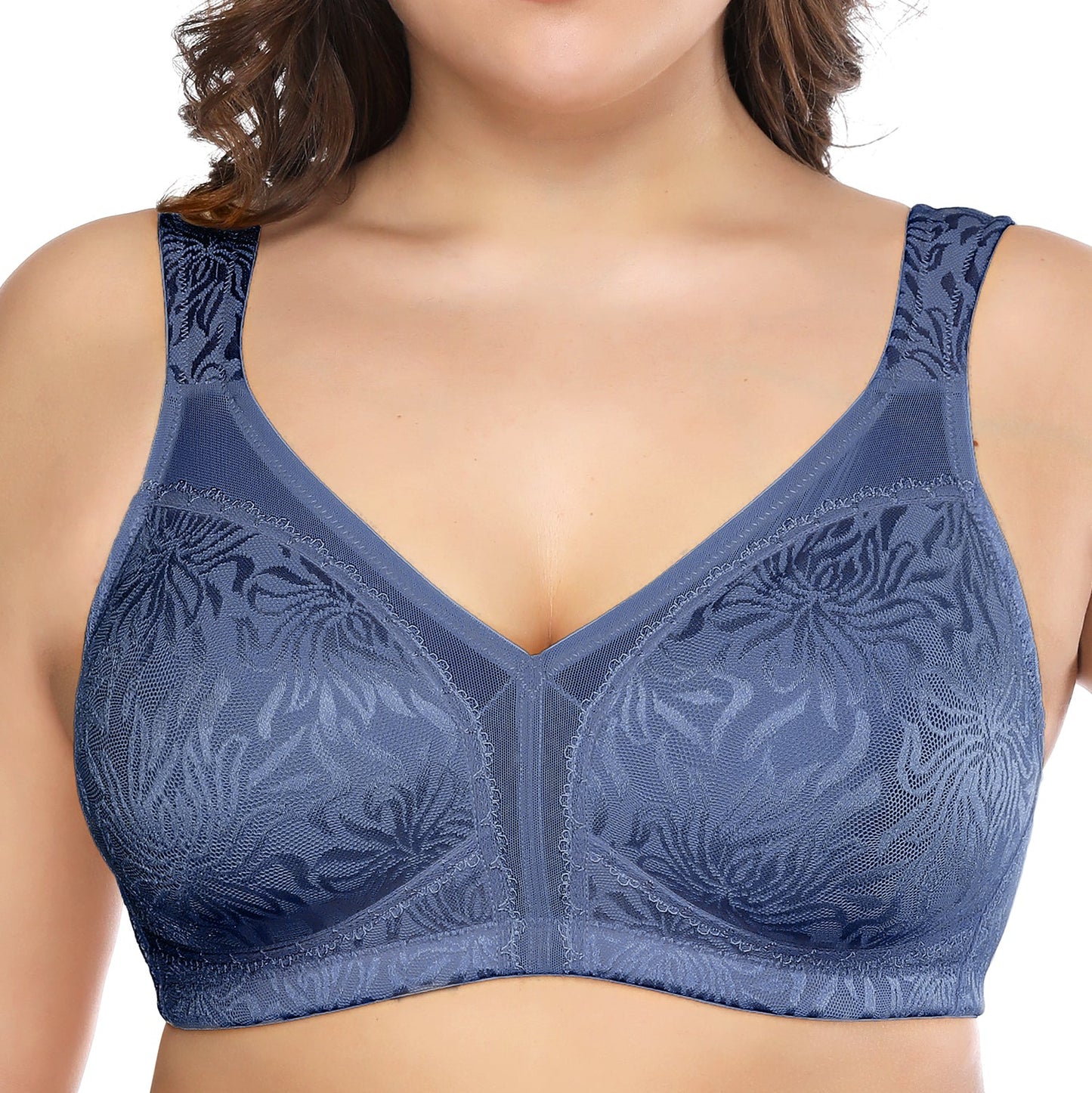 Deyllo Women's Full Coverage Comfort Wire Free Minimizer Support Bra Non Padded Grey Blue