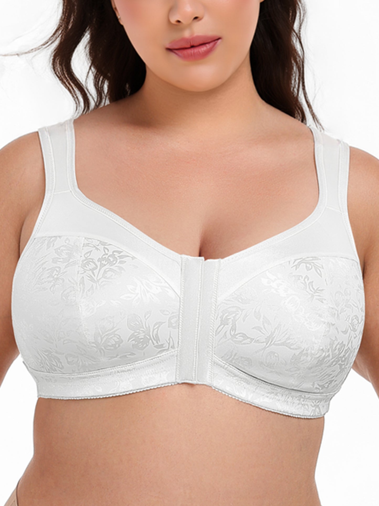 Deyllo Women Plus Size Front Closure Bras Full Figure Minimizer Bras Wireless Non Padded No Underwire White Bras