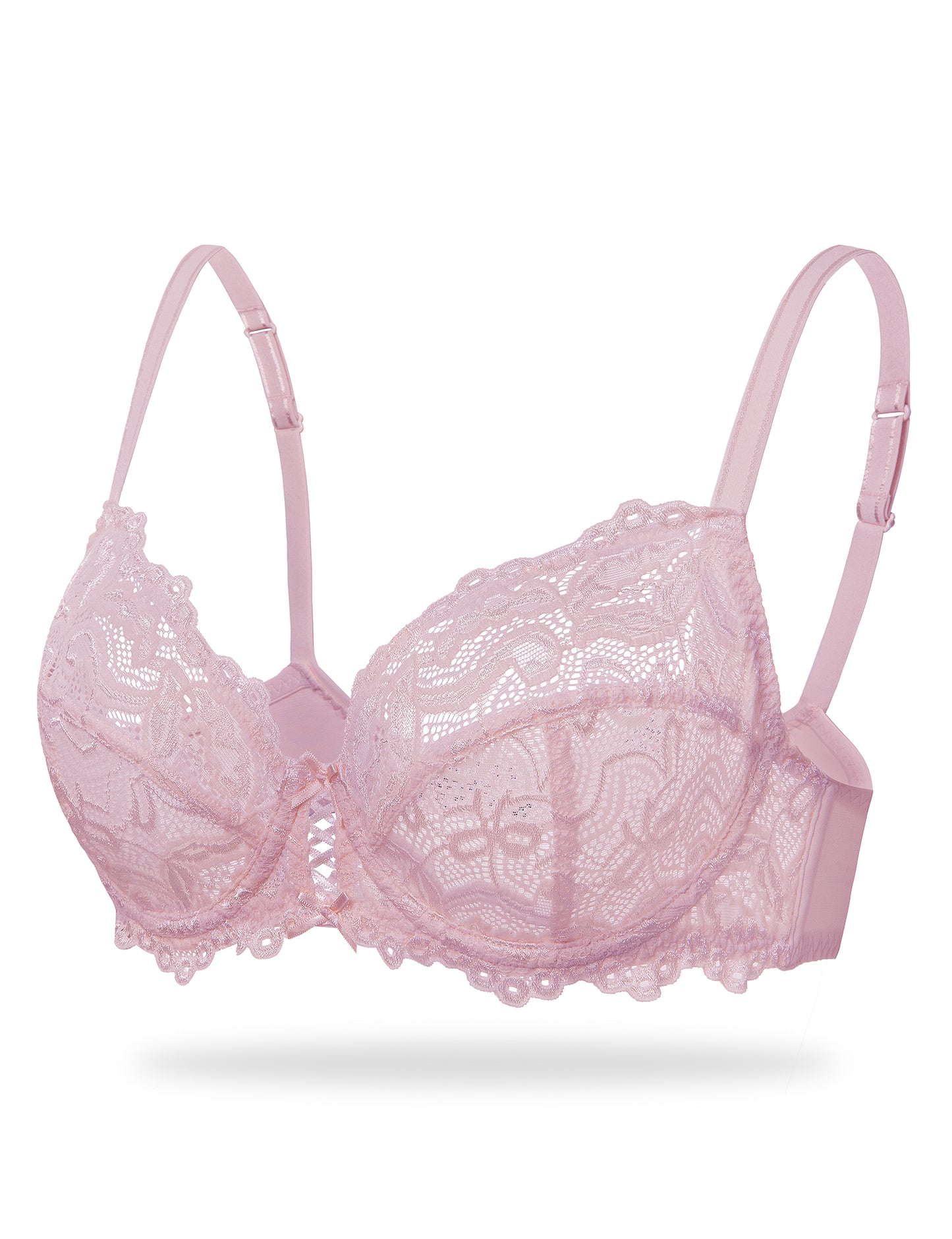 Deyllo Women's Sheer Lace Mesh Bra, Unlined Full Cup, Light Pink