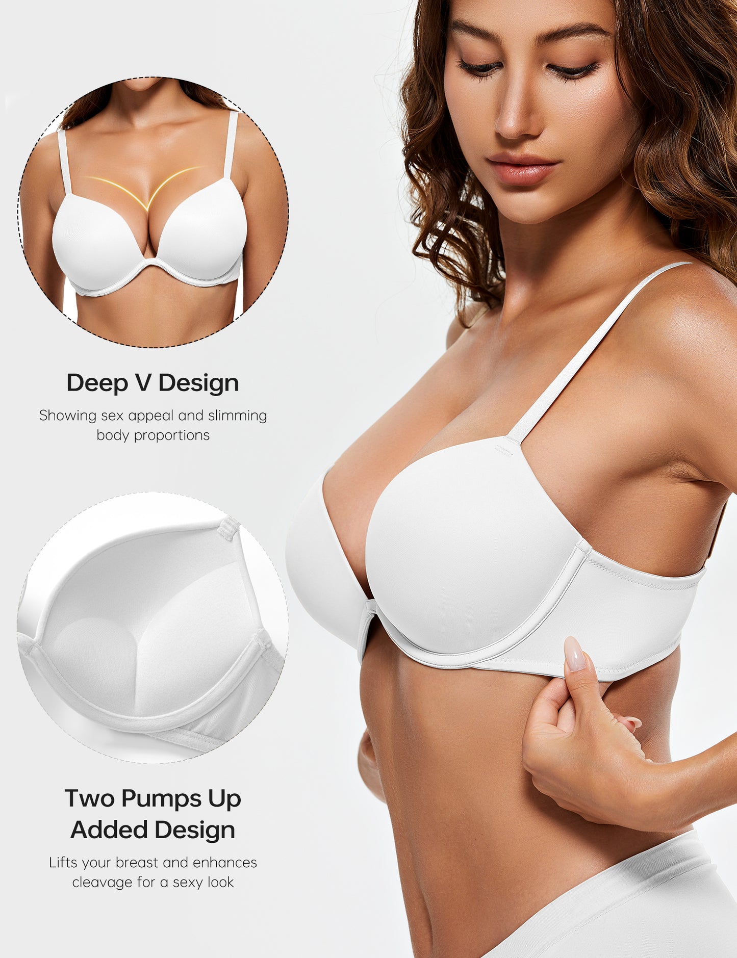 Wingslove Womens Push-up Bra Deep V Plunge Underwire T-Shirt Bra, Coconut White