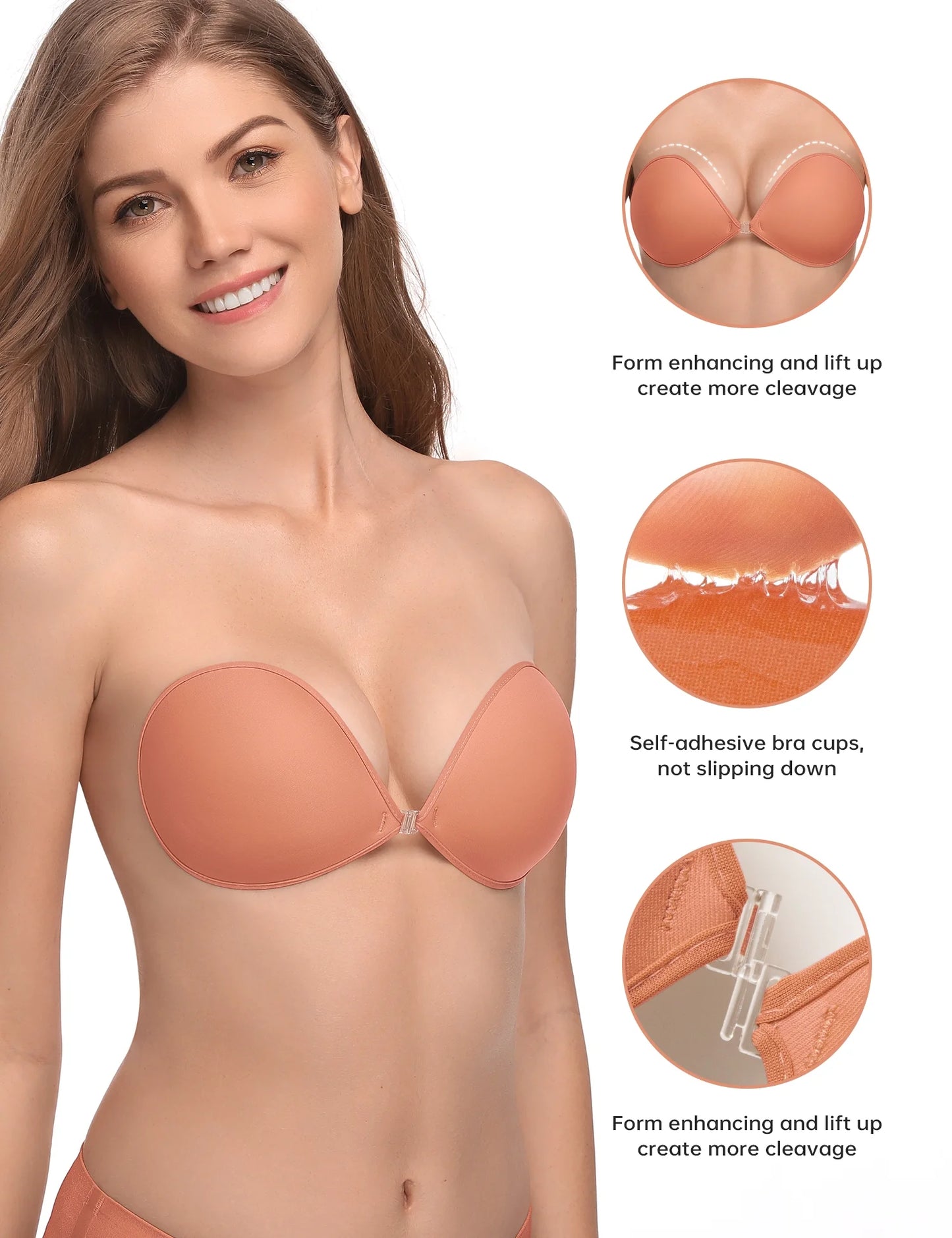 Wingslove Adhesive Bra Reusable Backless Strapless Push-up Silicone Invisible Sticky Bras for Backless Dress,Peach Blossom