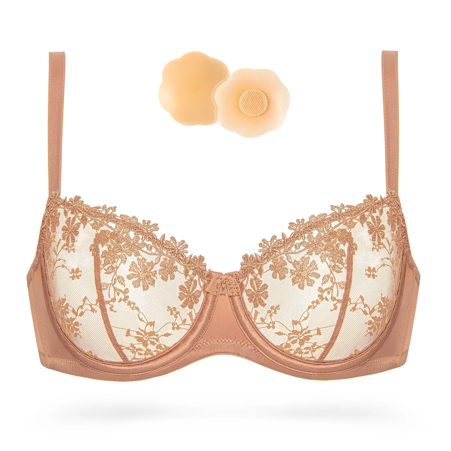 Wingslove Women's Sexy Lace Sheer Bra Demi Mesh Balconette See Through Unlined Underwire with Silicone Nipple,Milk Coffee