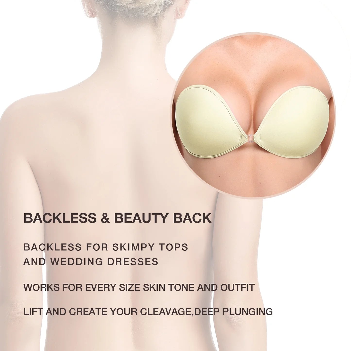 Wingslove Adhesive Bra Reusable Backless Strapless Push-up Silicone Invisible Sticky Bras for Backless Dress,Ivory