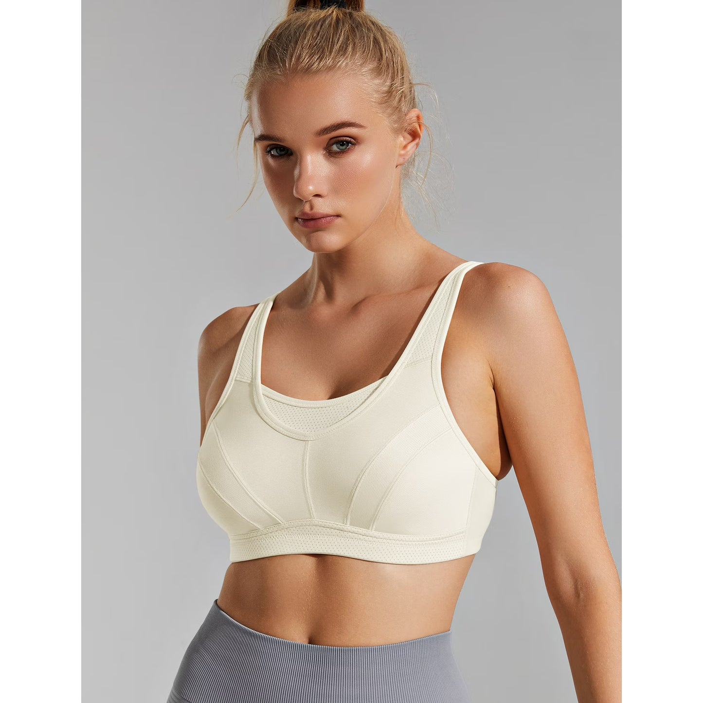 Wingslove Women's Sports Bra Full Coverage Wireless Bra Plus Size High Impact Non Padded Workout Bra,Ivory