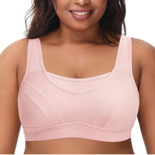 Deyllo Women Plus Size Bras Sport Workout Bras High Impact Support Exercise Bra No Underwire Comfort Light Pink Bra