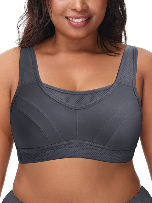 Deyllo Women's Sports Bras Plus Size High Impact Full Support Non-padded Wireless Workout Running Exercise Bra Activewear, Gray