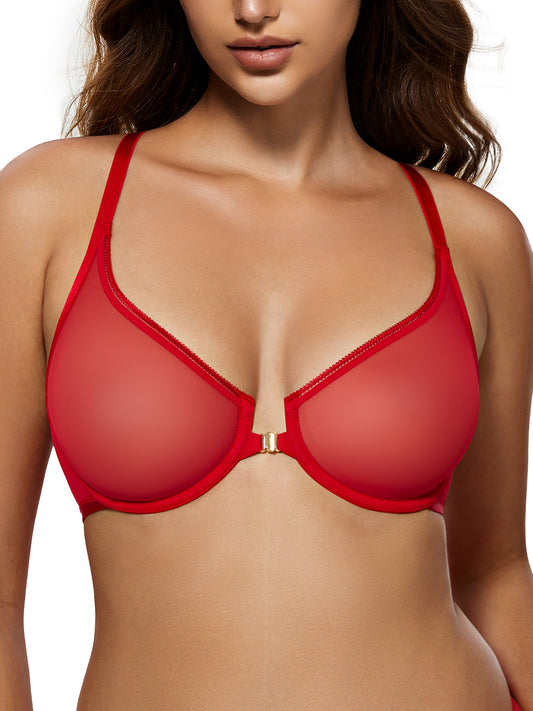 Wingslove Women's Front Closure Sheer See Through Bra Racerback Unlined Underwire Bras for Everyday