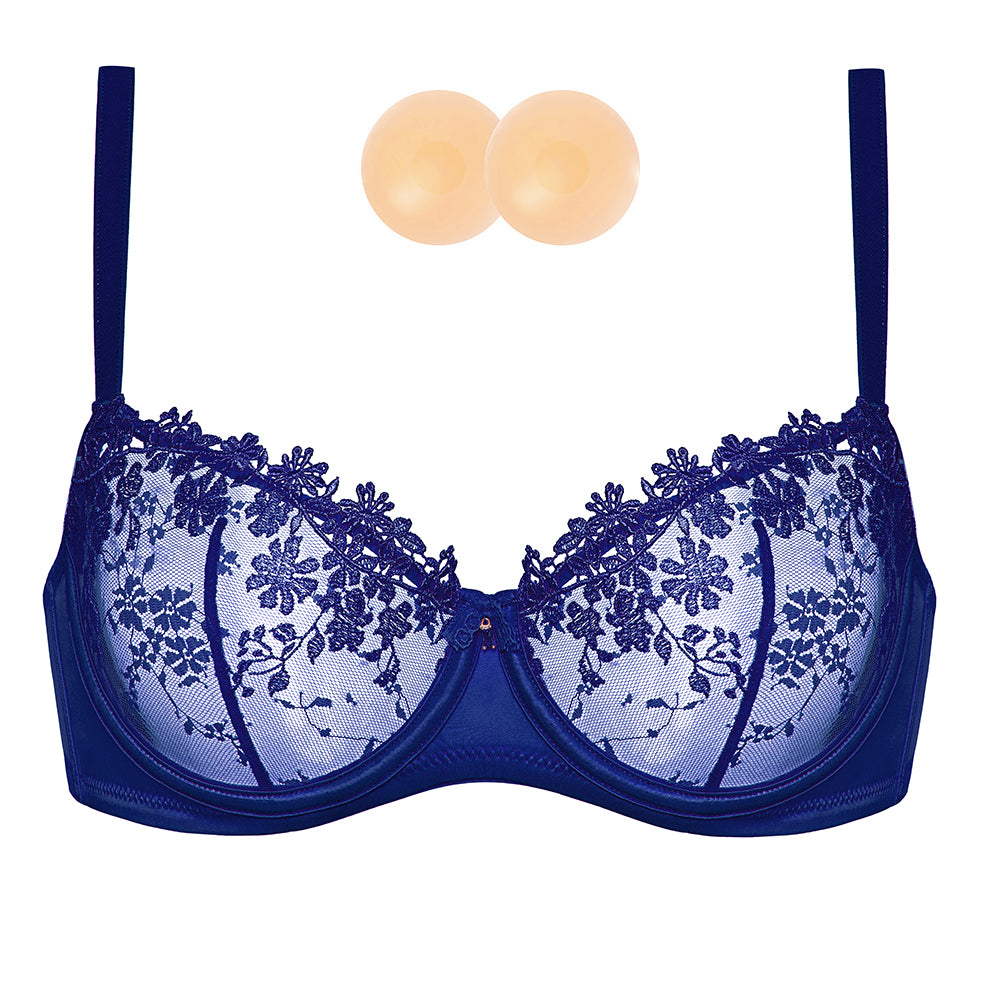 Wingslove Women's Sexy Lace Sheer Bra Demi Mesh Balconette See Through Unlined Underwire with Silicone Nipple,Blue Purple
