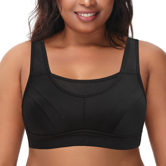 Deyllo Women's Plus Size Sports Bra, High Impact Full Support, Non-Padded Wireless Workout Running Black Bra
