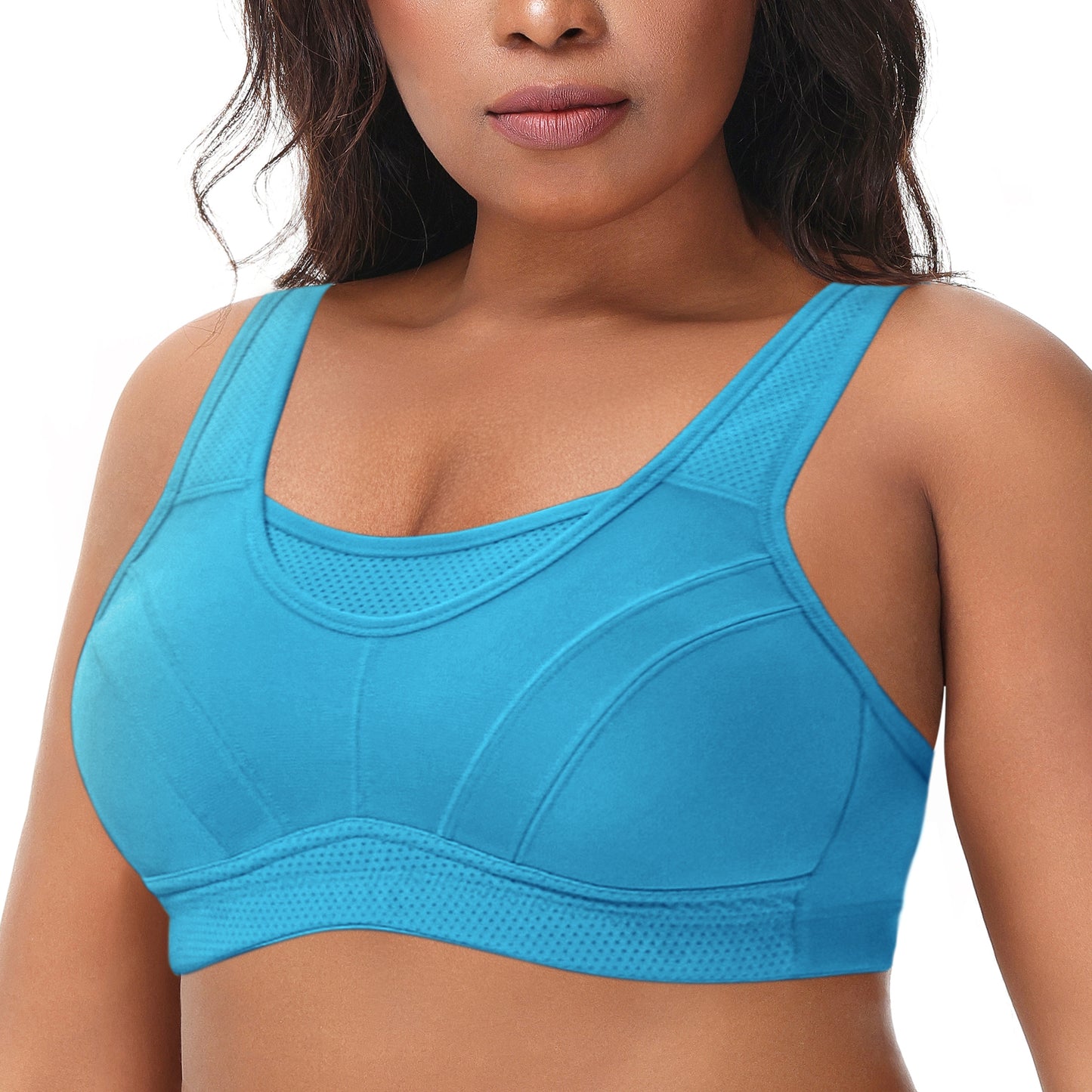 Deyllo Women's Plus Size Sports Bra, High Impact Full Support, Non-Padded Wireless Workout Running Blue Bra