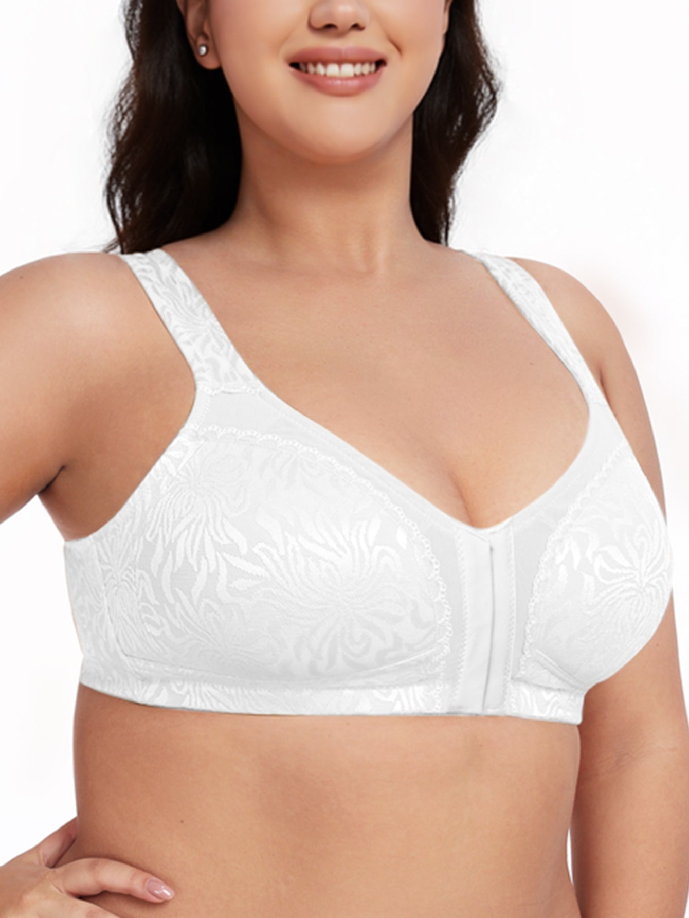 Deyllo Women Plus Size Wireless Bras Front Closure Minimizer Bras Full Coverage Unlined White Bras