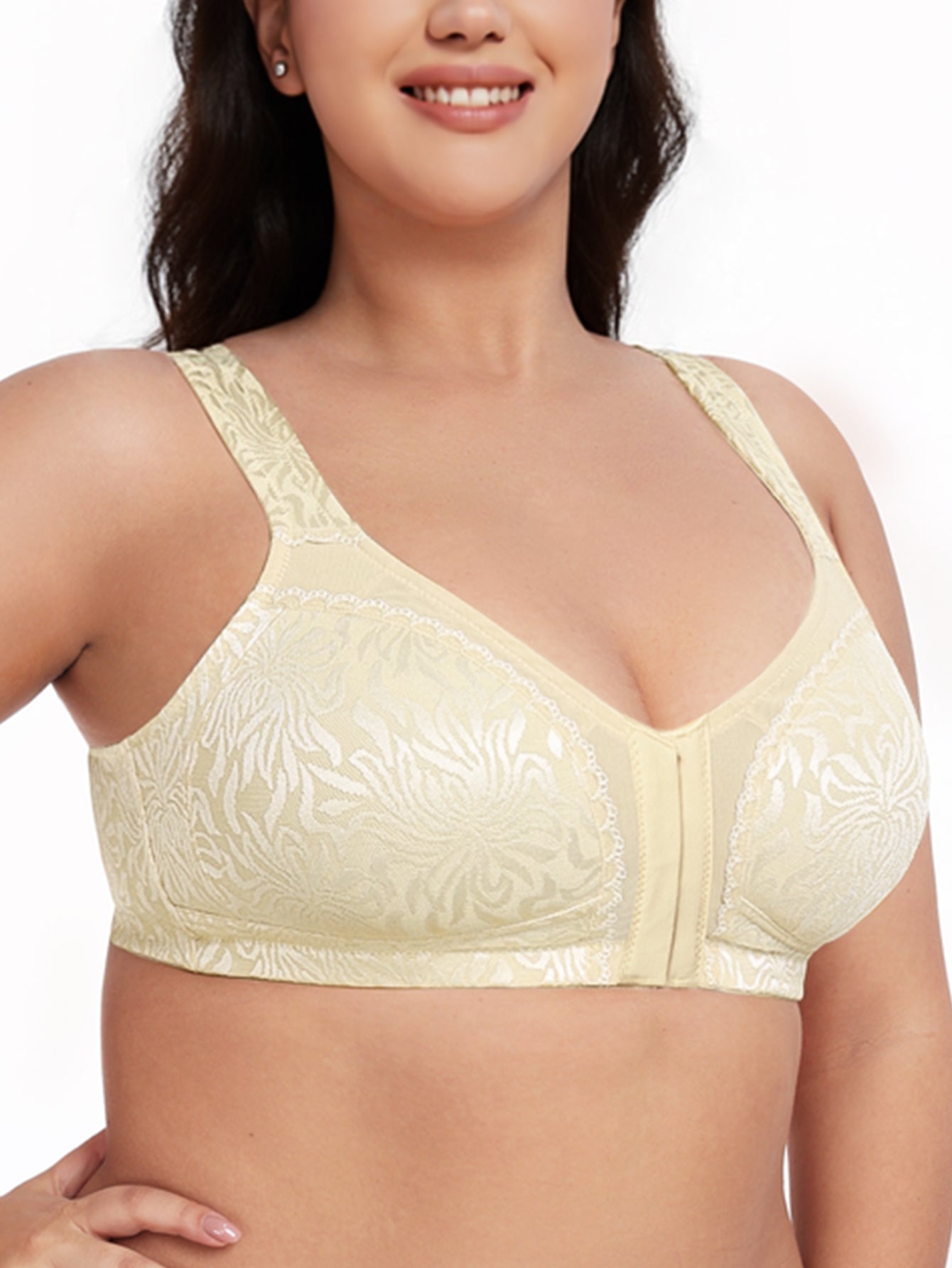Deyllo Women Plus Size Bras Front Closure Minimizer Bras Posture Back Wireless Non Padded Soft Comfort Light Beige Bras