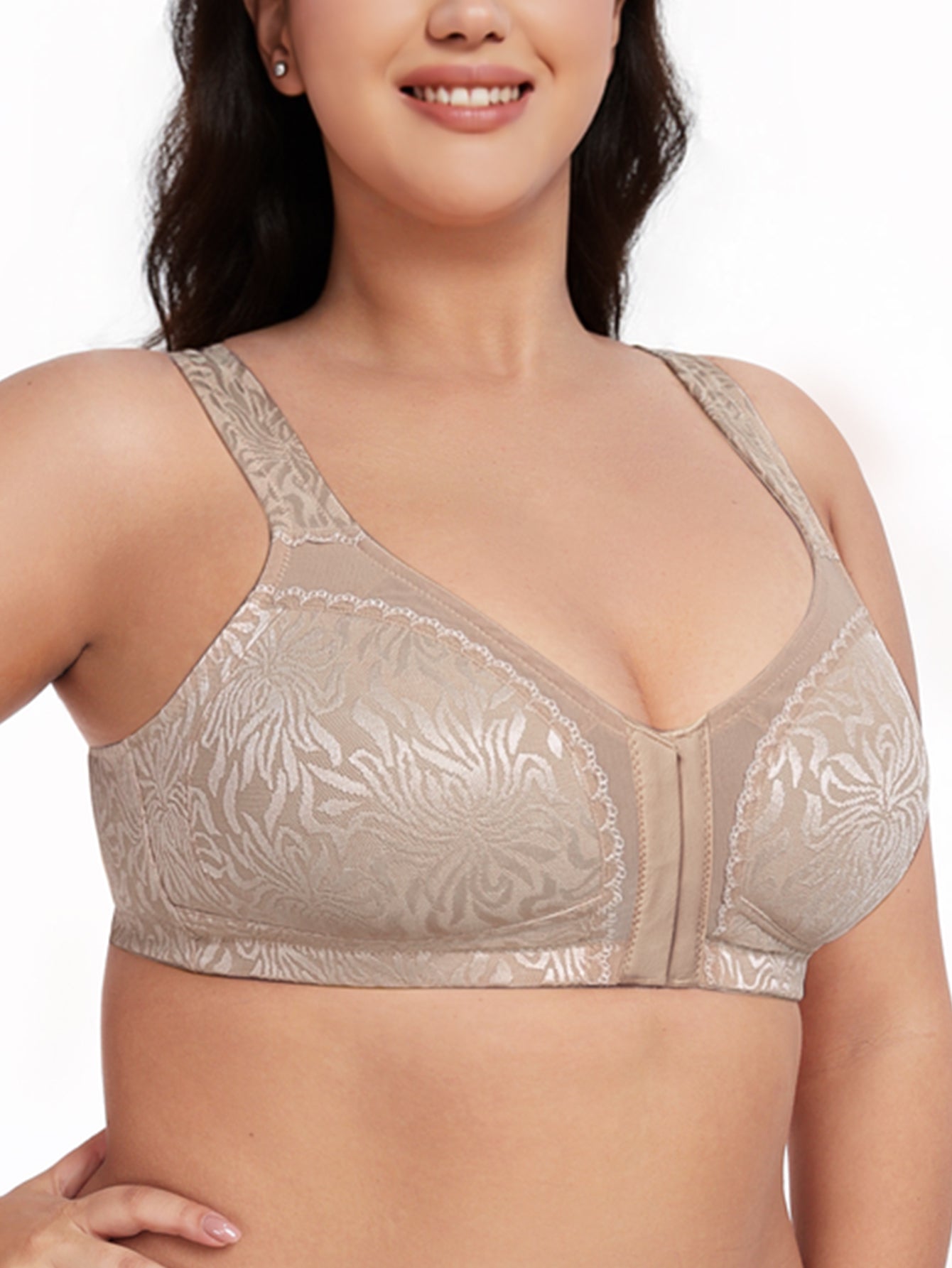Deyllo Women Plus Size Minimizer Bras Front Closure Full Coverage Bras No Underwire Unlined Comfort Brown Bras
