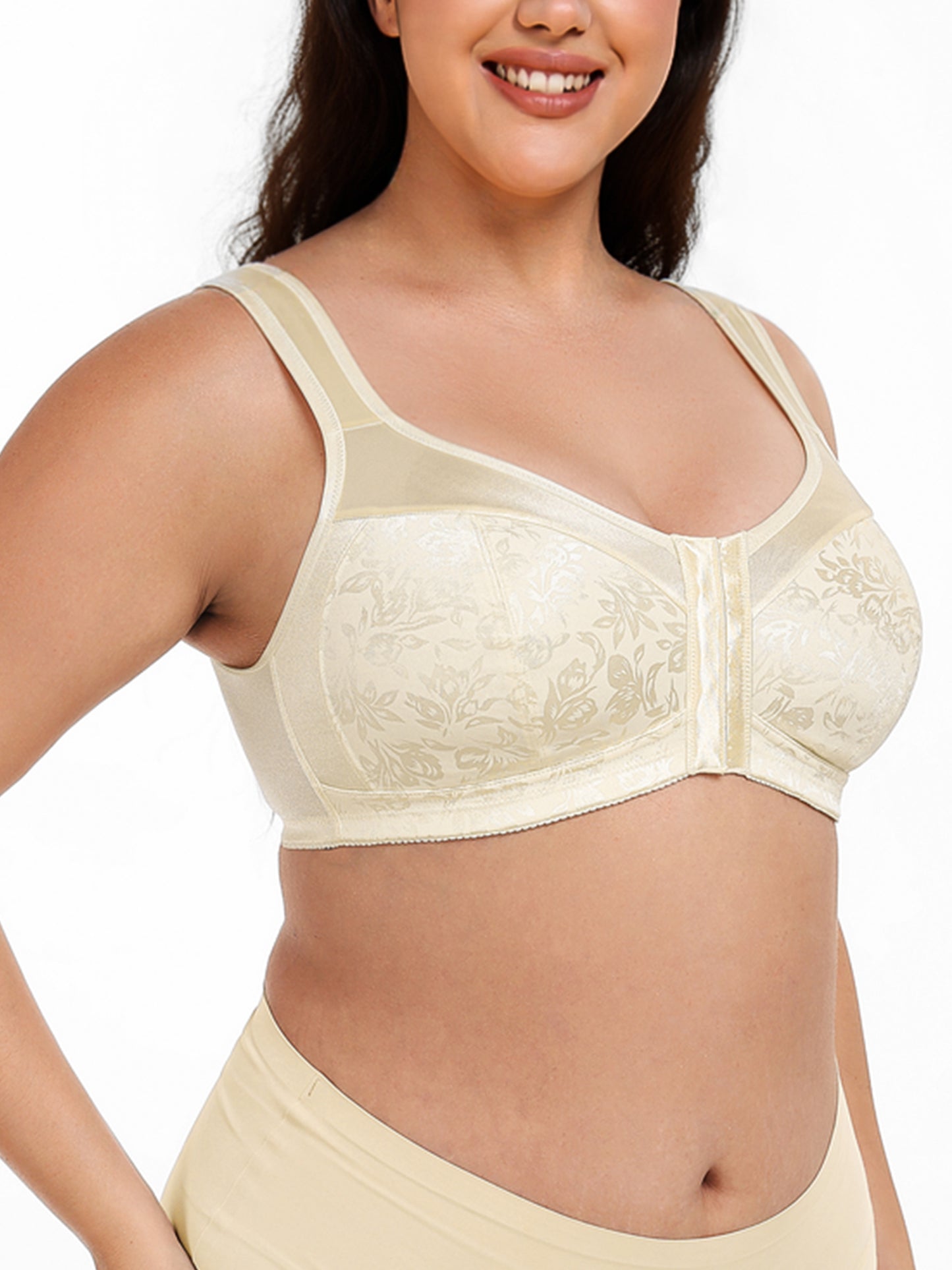 Deyllo Women Front Closure Bras Plus Size Minimizer Bras Full Coverage High Support Wireless Light Beige Bras