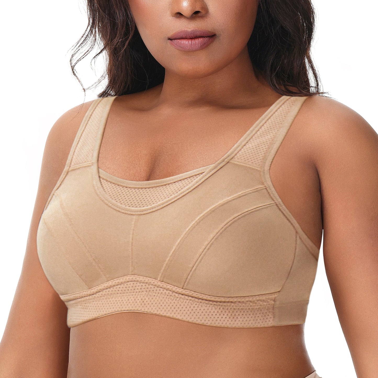 Deyllo Women's Plus Size Sports Bra, High Impact Full Support, Non-Padded Wireless Workout Running Beige Bra