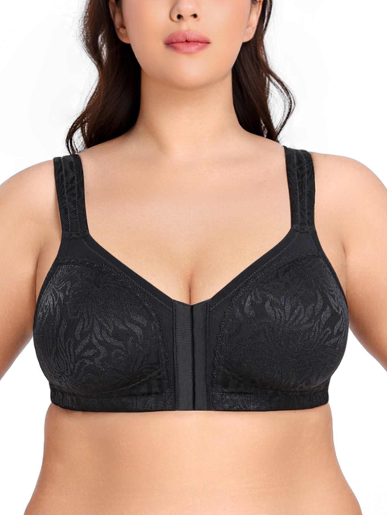Deyllo Women Plus Size Front Closure Bras High Support Minimizer Bras Full Coverage Wireless Bras Non Padded Soft Comfort Black Bra