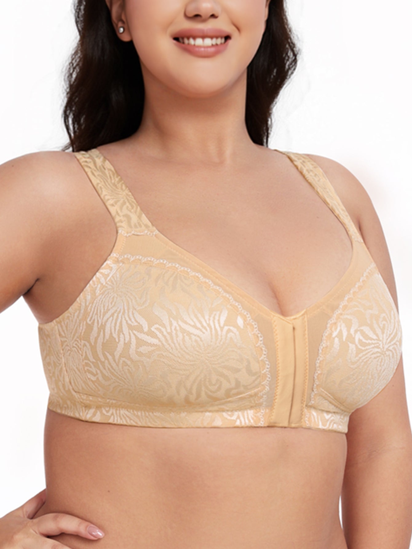 Deyllo Women Front Closure Wireless Bras Plus Size Minimizer Bras Full Coverage Non Padded Dark Beige Bras