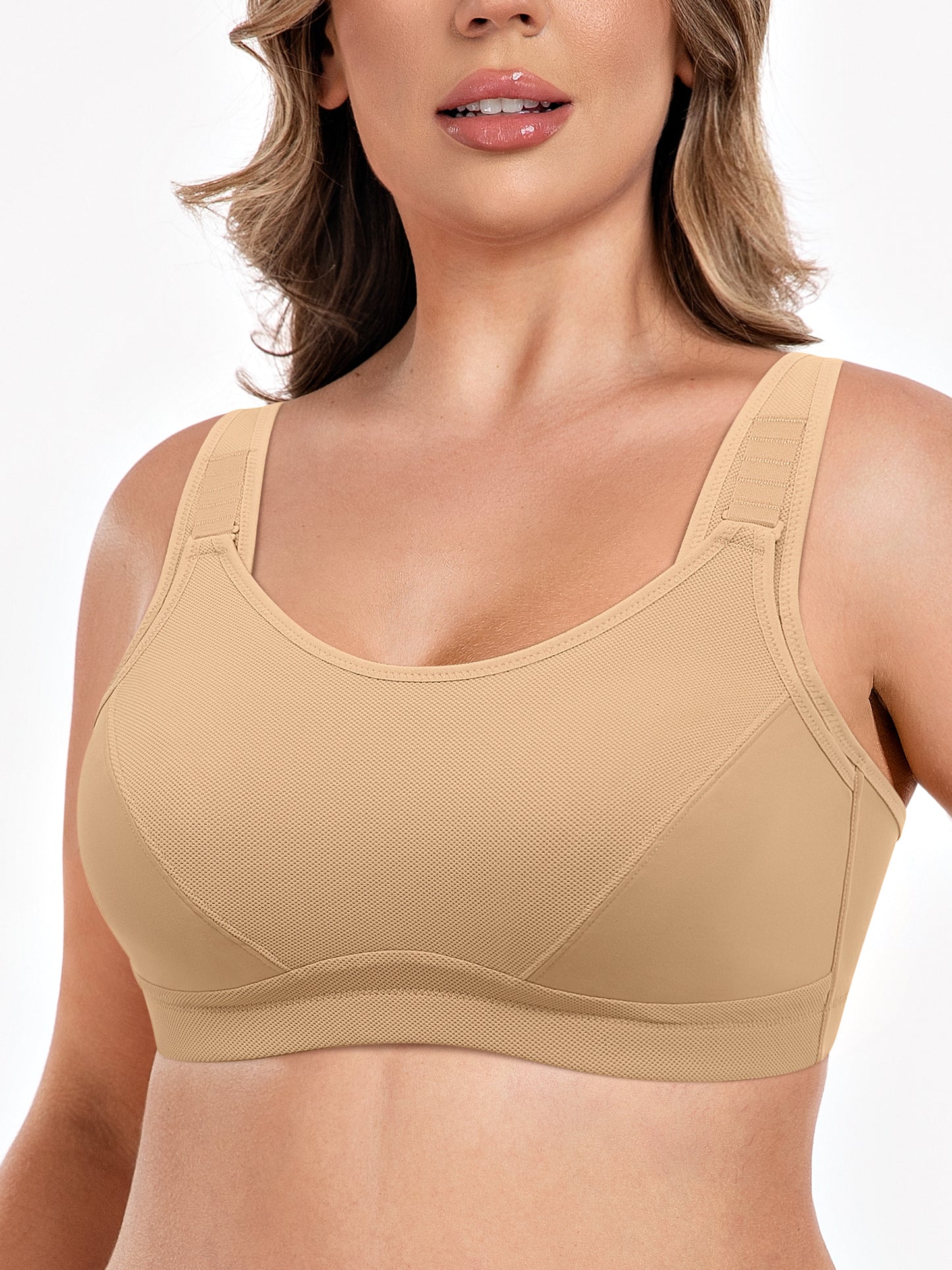Deyllo High Impact Support Sports Bras For Women Plus Size Non-Padded Wireless Exercise Athletic Bras,Beige