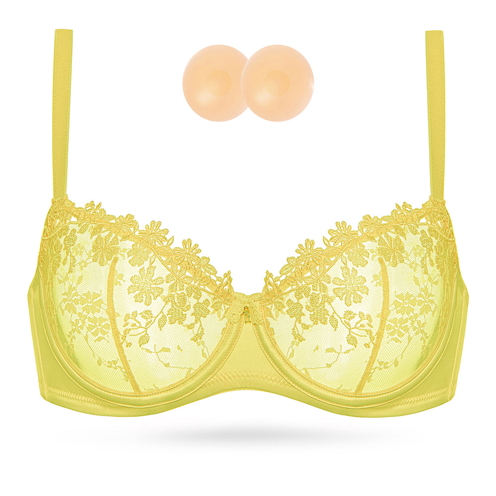 Wingslove Women's Sexy Lace Sheer Bra Demi Mesh Balconette See Through Unlined Underwire with Silicone Nipple,Viscent Flora