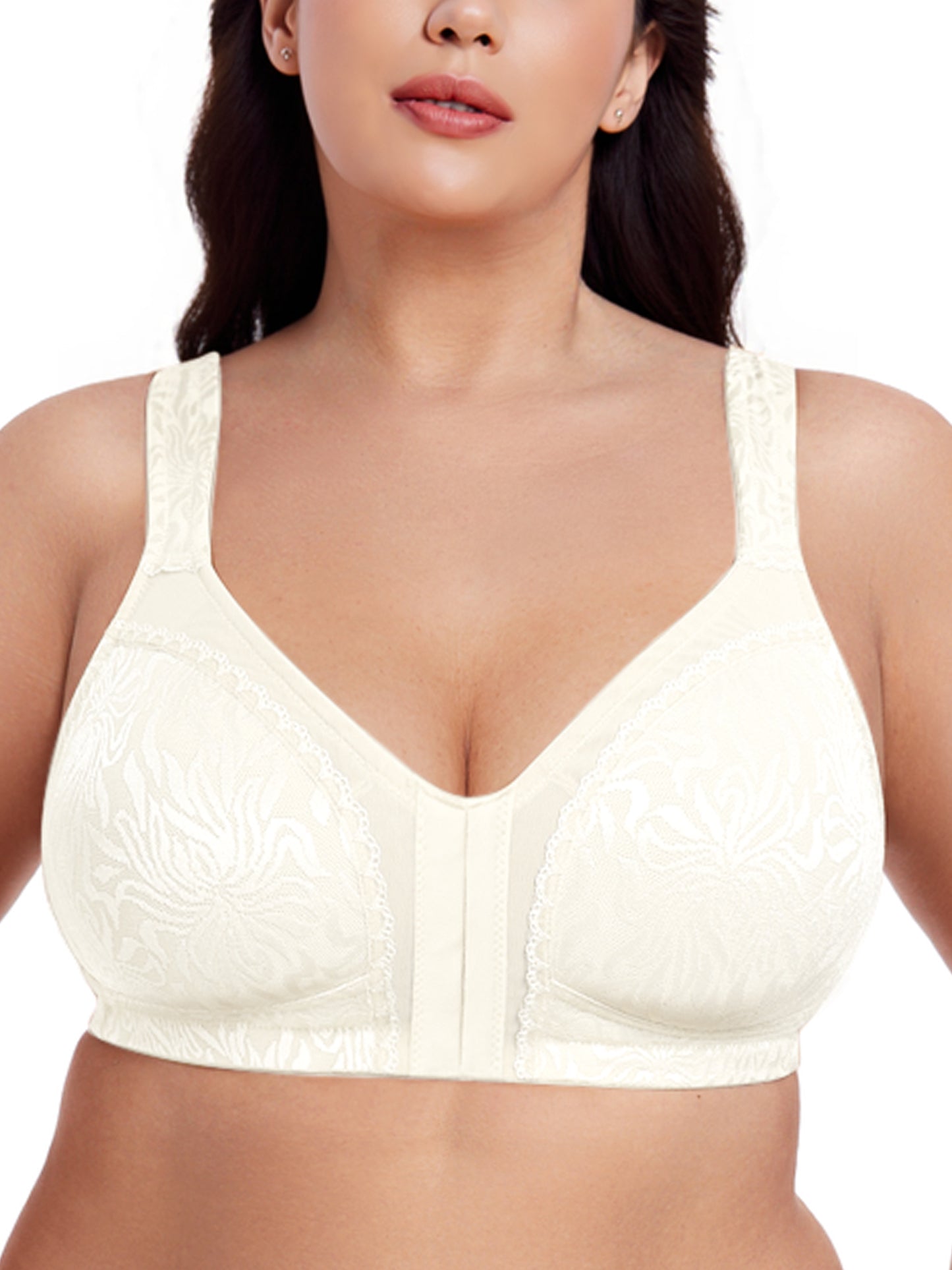 Deyllo Women Front Closure Full Coverage Bras Plus Size Minimizer Bras Wireless Non Padded Ivory Bras
