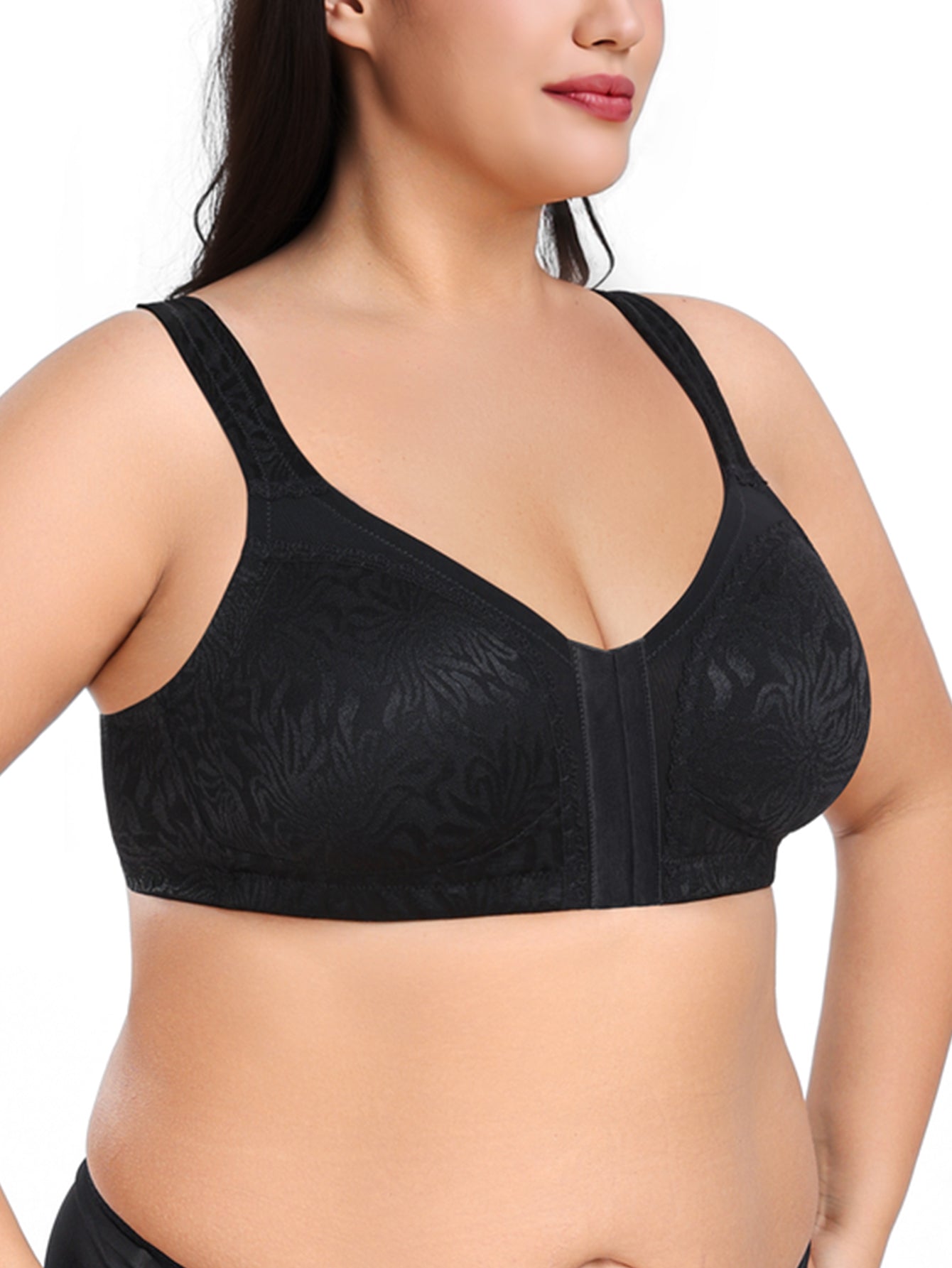 Deyllo Women Plus Size Front Closure Bras High Support Minimizer Bras Full Coverage Wireless Bras Non Padded Soft Comfort Black Bra