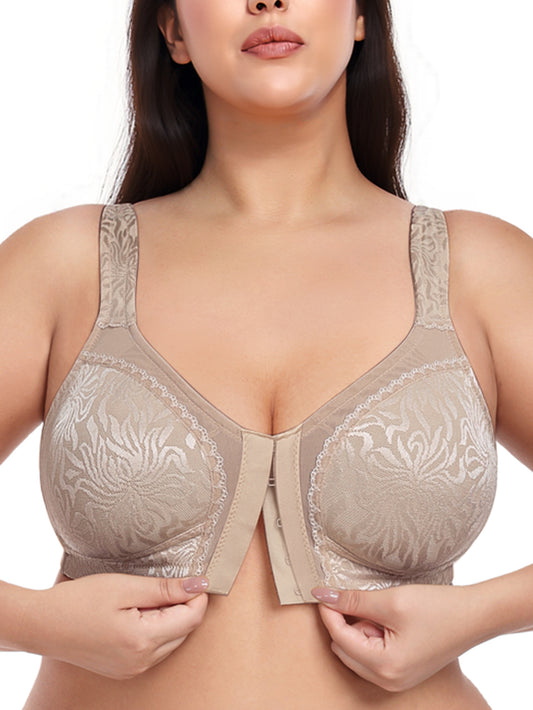Deyllo Women Plus Size Minimizer Bras Front Closure Full Coverage Bras No Underwire Unlined Comfort Brown Bras