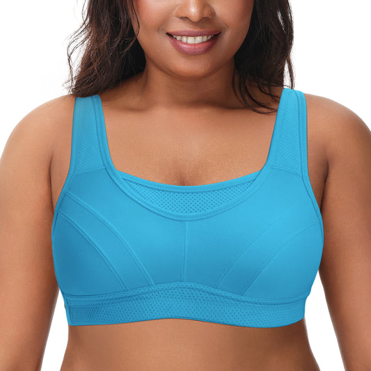 Deyllo Women's Plus Size Sports Bra, High Impact Full Support, Non-Padded Wireless Workout Running Blue Bra