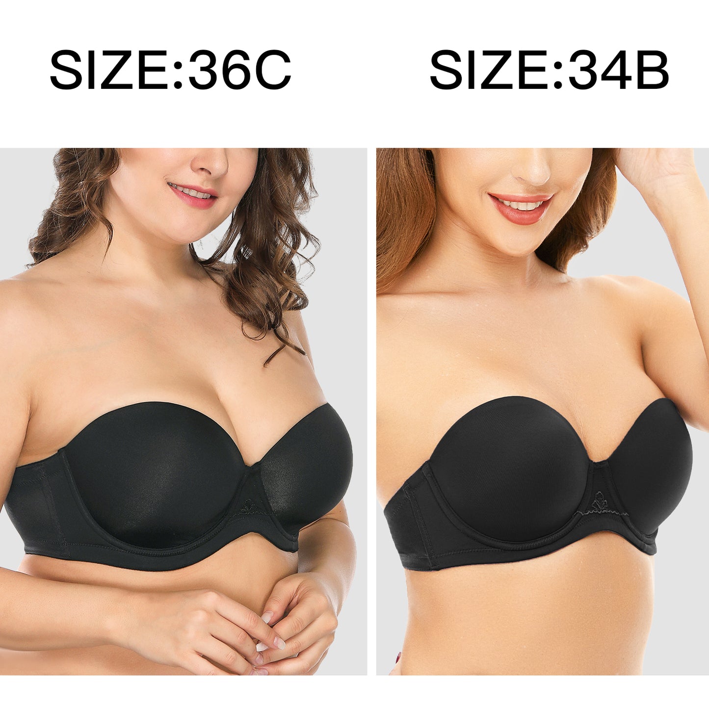 Deyllo Women's Push Up Strapless Bras Full Cup Plus Size Underwire Support Padded Bra Black Bras