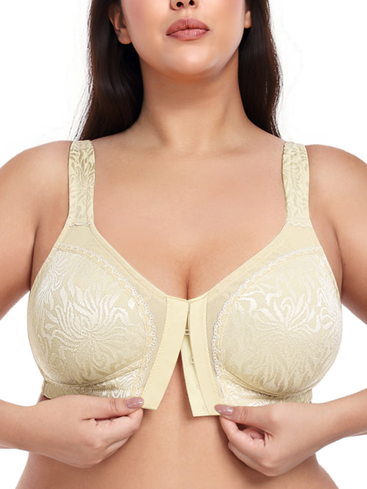 Deyllo Women Plus Size Bras Front Closure Minimizer Bras Posture Back Wireless Non Padded Soft Comfort Light Beige Bras