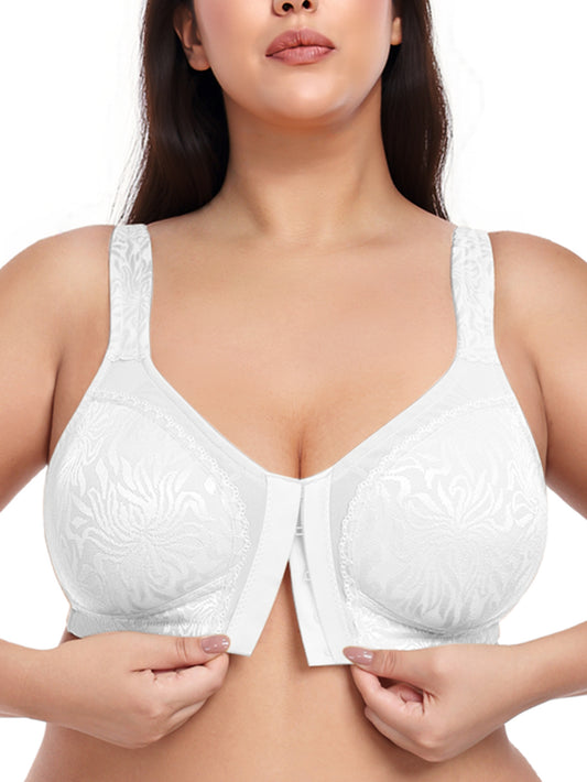 Deyllo Women Plus Size Wireless Bras Front Closure Minimizer Bras Full Coverage Unlined White Bras