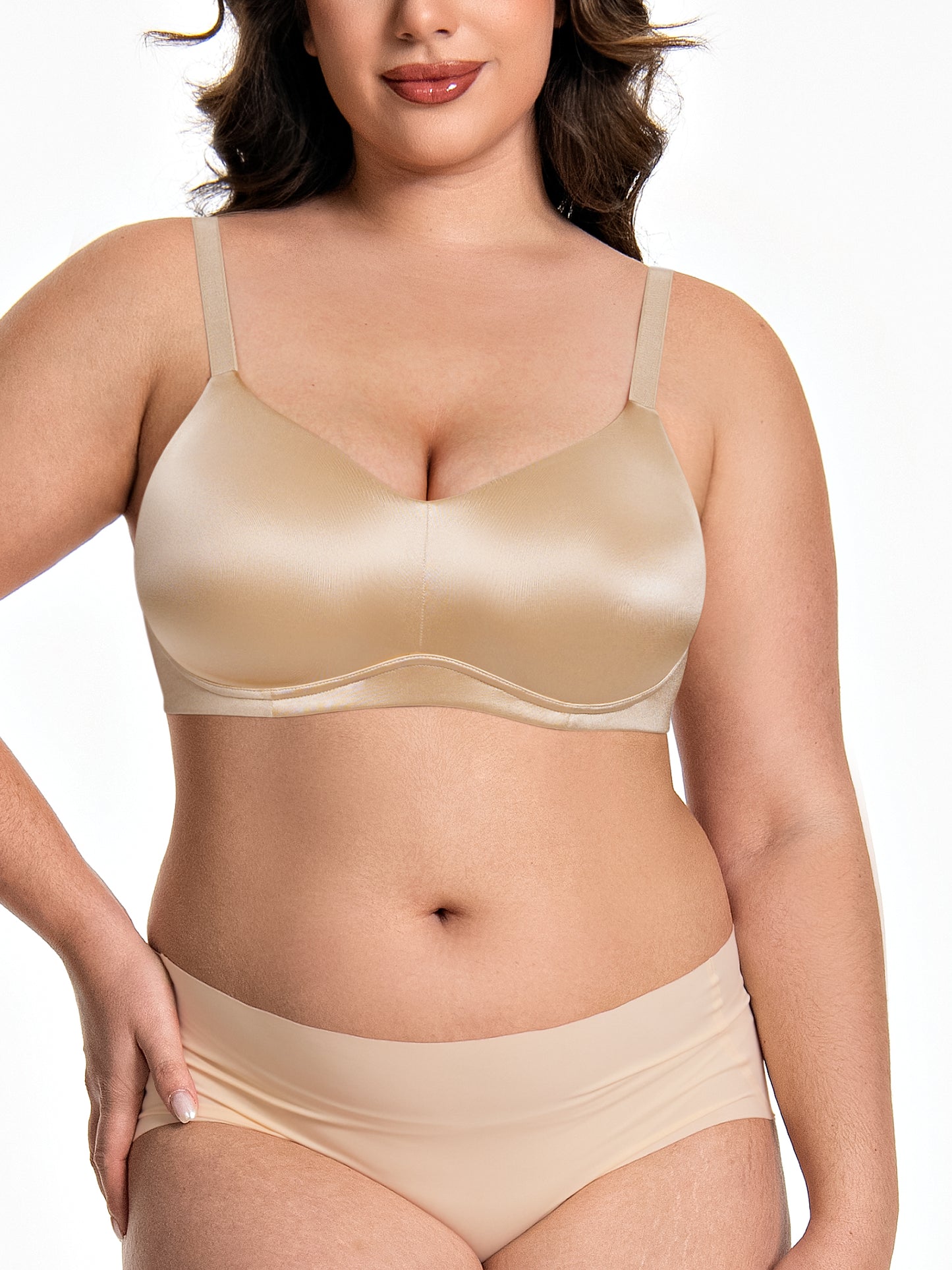 Deyllo Women Seamless Wireless Minimizer Bras Breathable Unlined Bralette Beige V Neck Full Coverage T-Shirt Bra