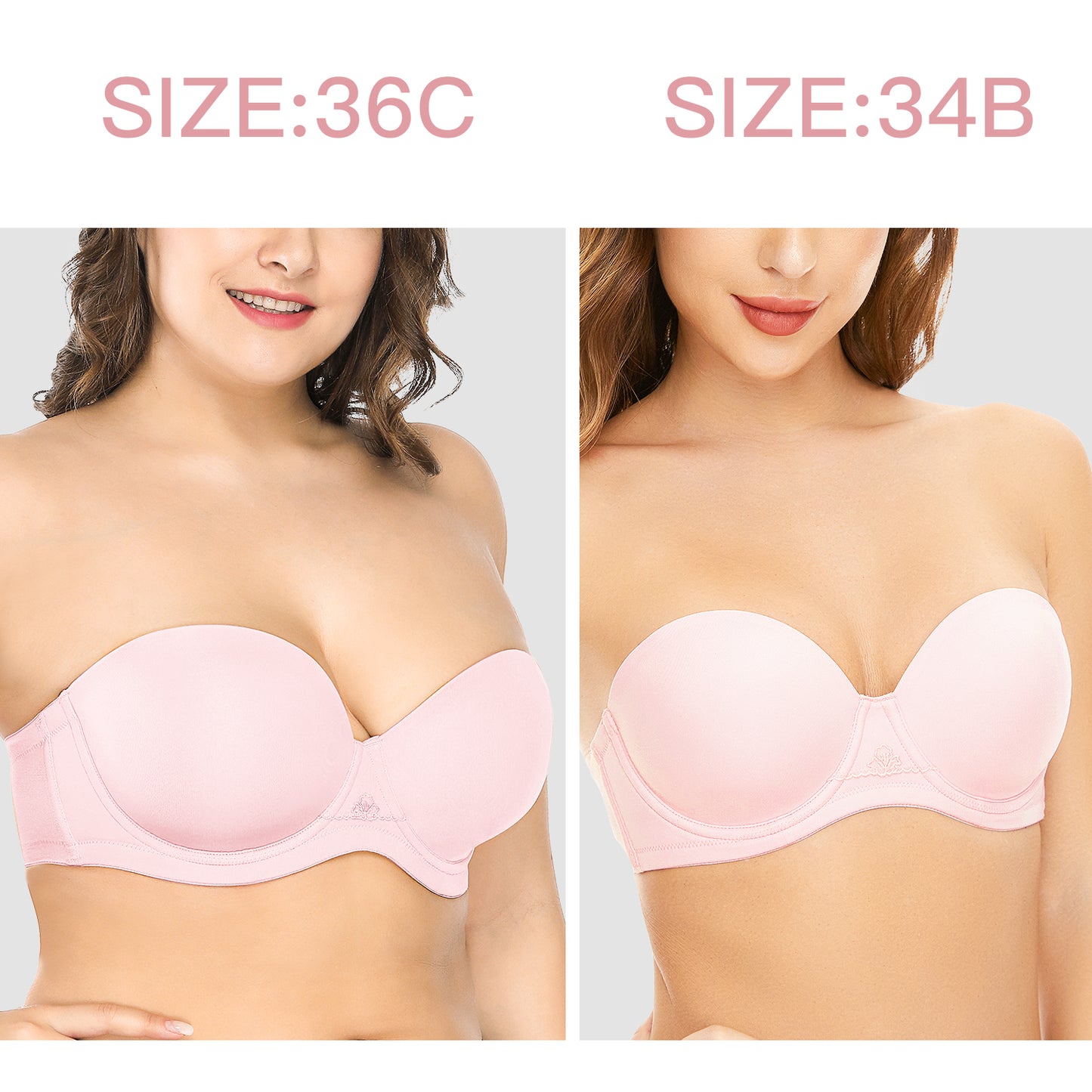  Deyllo Women's Push Up Strapless Bras Full Cup Plus Size Underwire Support Padded Bra Pink Bras
