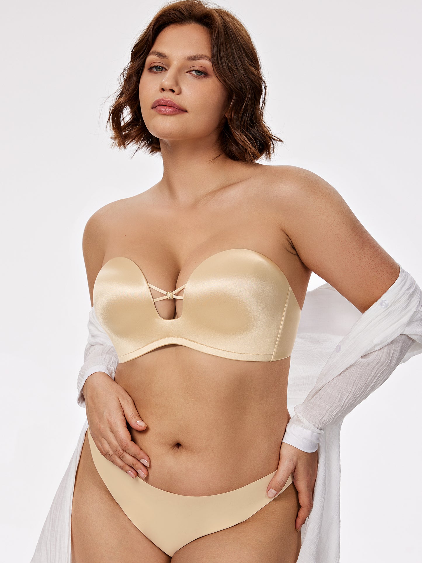 Deyllo Women Seamless Strapless Bra Push Up Lift Support Bras Beige T-Shirt Lace Underwire Bras