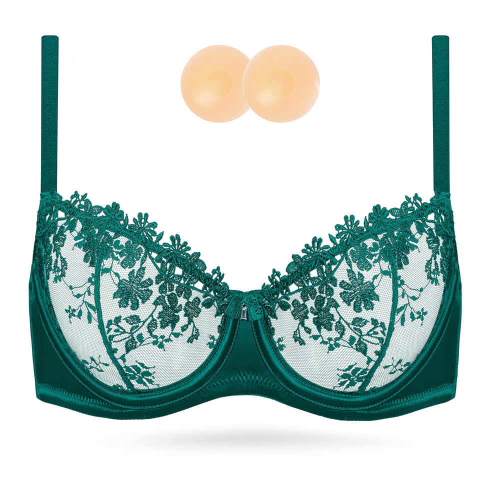 Wingslove Women's Sexy Lace Sheer Bra Demi Mesh Balconette See Through Unlined Underwire with Silicone Nipple,Malachite Green