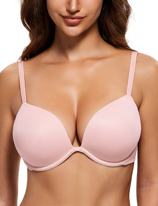 Wingslove Womens Push-up Bra Deep V Plunge Underwire T-Shirt Bra, Light Pink