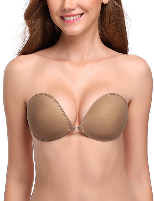 Wingslove Adhesive Bra Reusable Backless Strapless Push-up Silicone Invisible Sticky Bras for Backless Dress,Milk Coffee