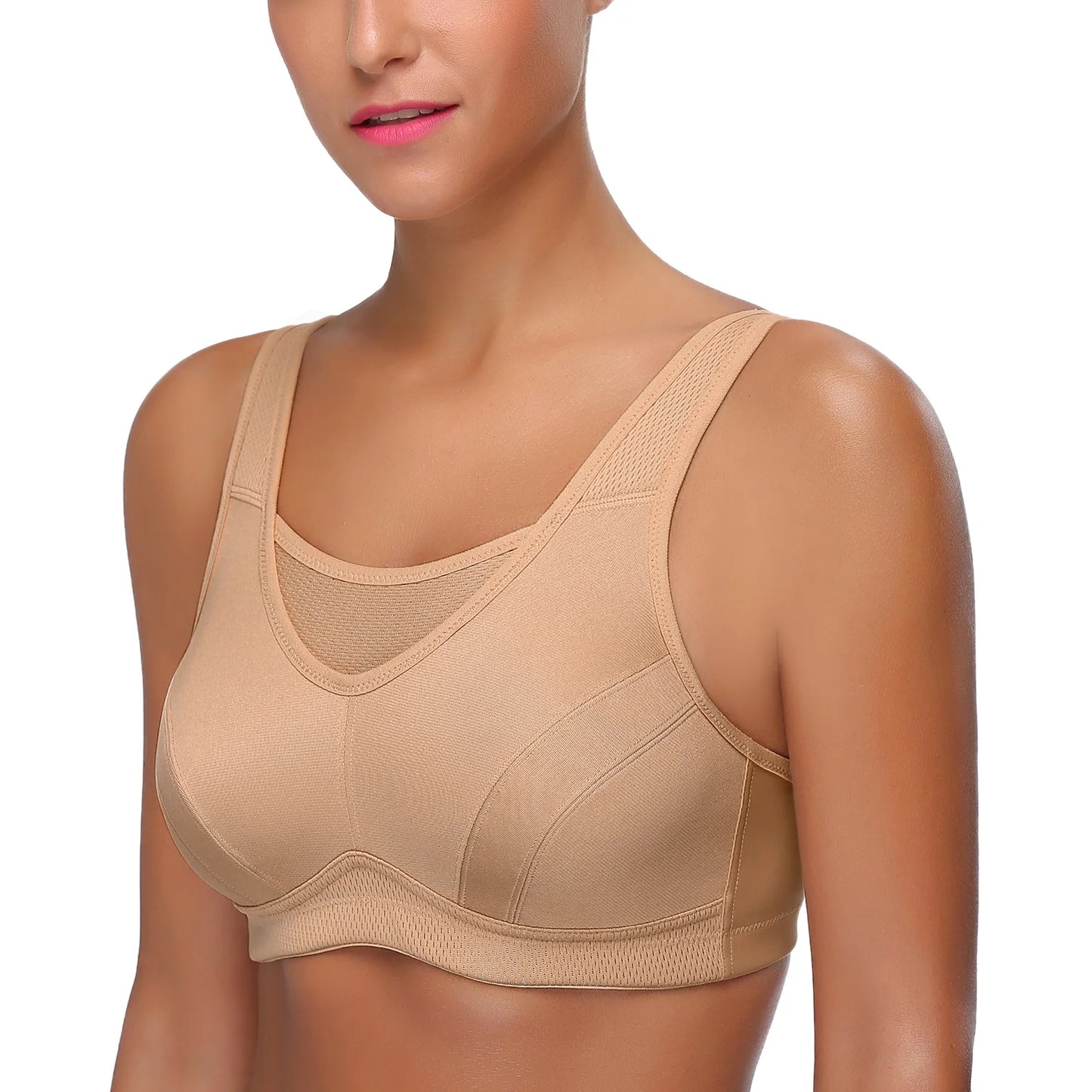 Wingslove Women's Sports Bra Full Coverage Wireless Bra Plus Size High Impact Non Padded Workout Bra,Beige