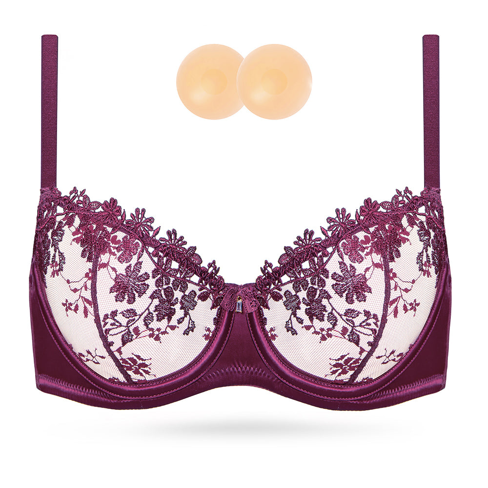 Wingslove Women's Sexy Lace Sheer Bra Demi Mesh Balconette See Through Unlined Underwire with Silicone Nipple,Amaranth Purple