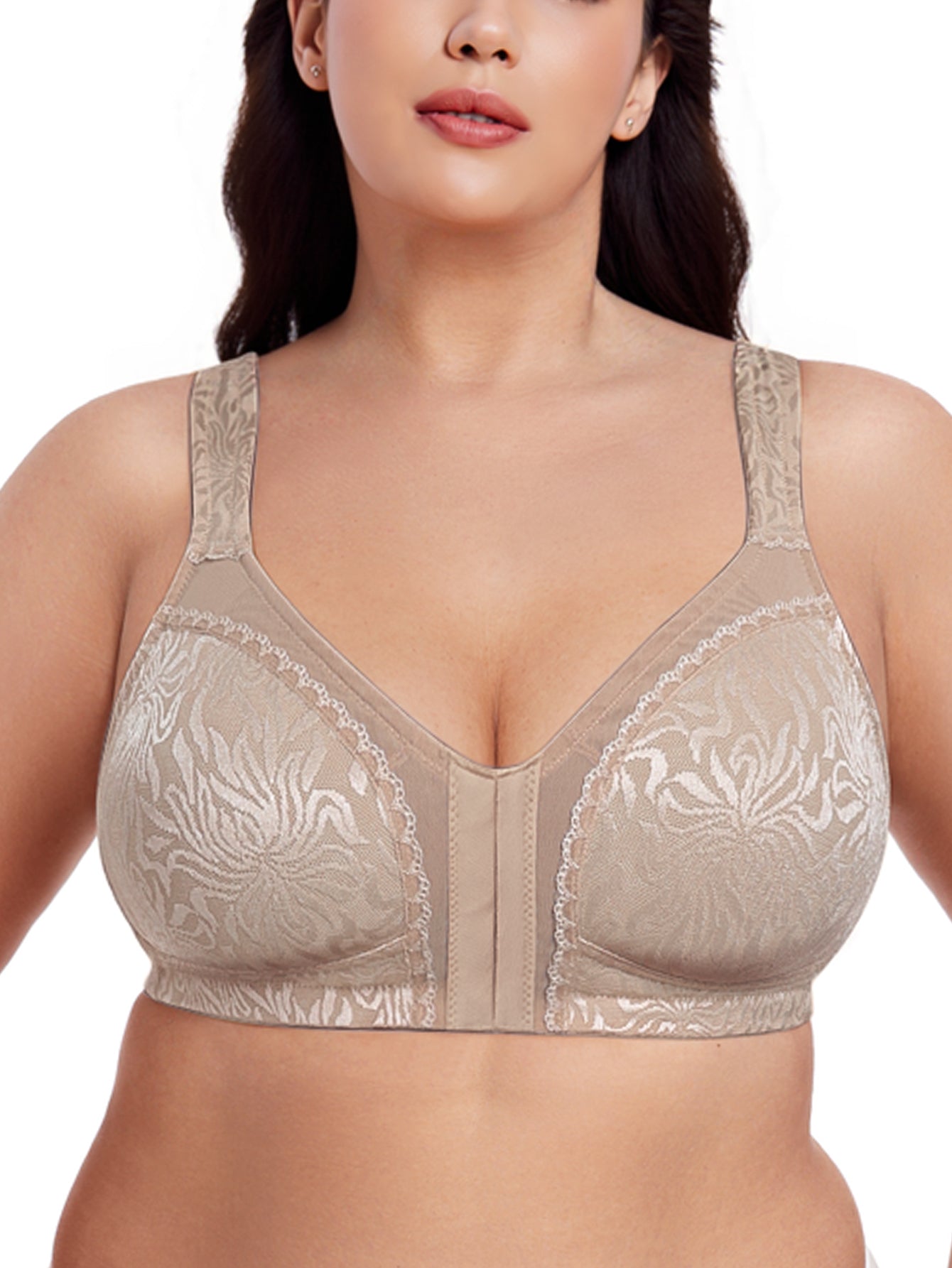 Deyllo Women Plus Size Minimizer Bras Front Closure Full Coverage Bras No Underwire Unlined Comfort Brown Bras