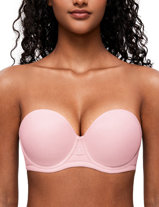 Deyllo Women Pink Strapless Bras Full Cup Push Up Underwire Support Padded Bra
