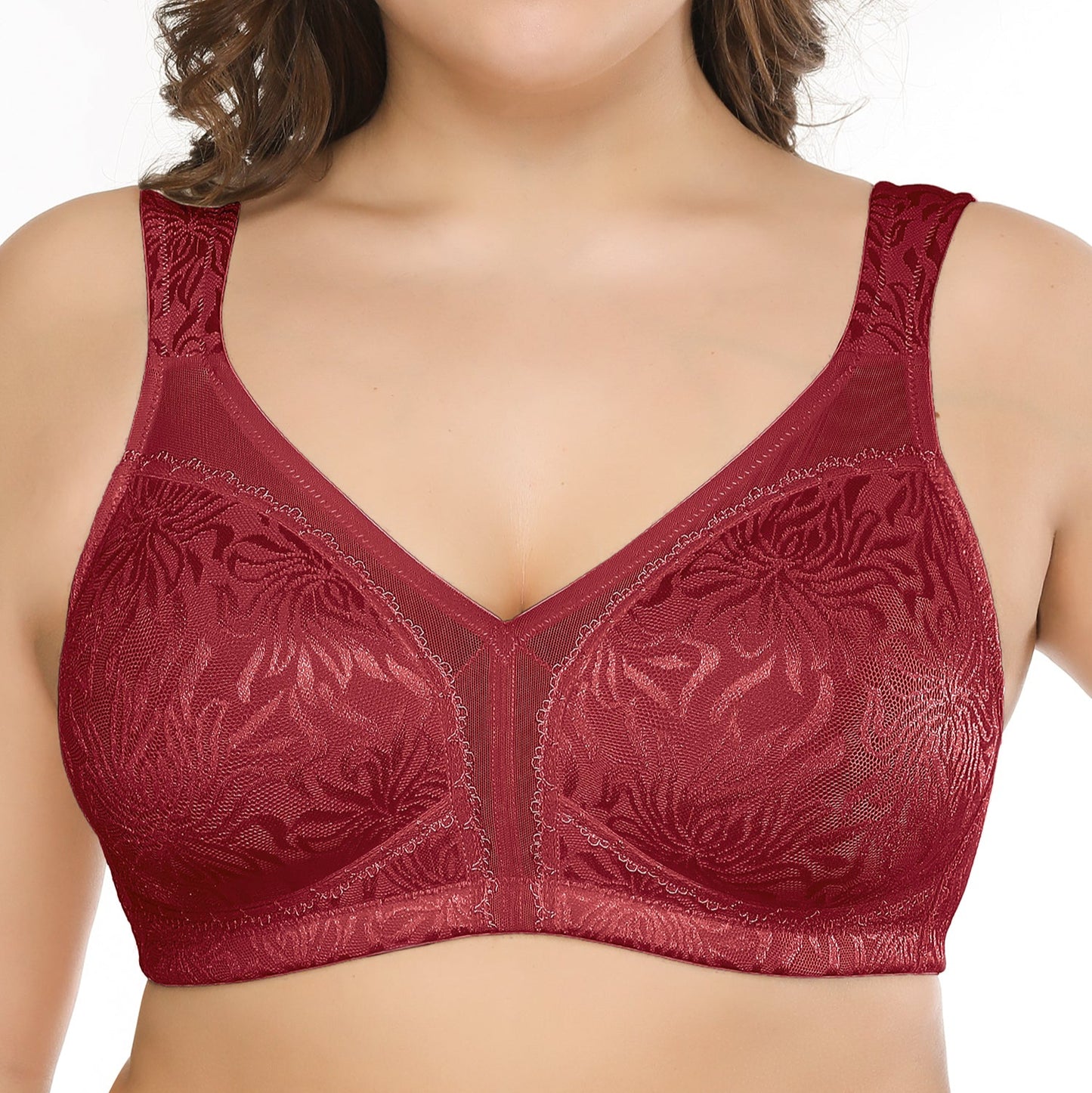Deyllo Women's Full Coverage Comfort Wire Free Minimizer Support Bra Non Padded Red