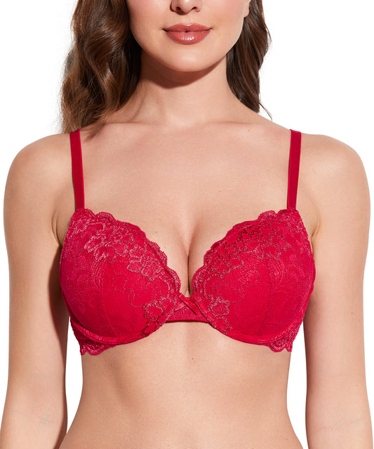 Deyllo Women's Lace Push Up Bra Plus Size Plunge Padded Underwire Add Cups Lift Up Bra,Red