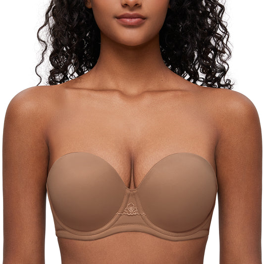 Deyllo Women Brown Strapless Bras Full Cup Push Up Underwire Support Padded Bra