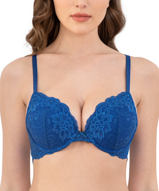 Deyllo Women's Lace Push Up Bra Plus Size Plunge Padded Underwire Add Cups Lift Up Bra,Blue