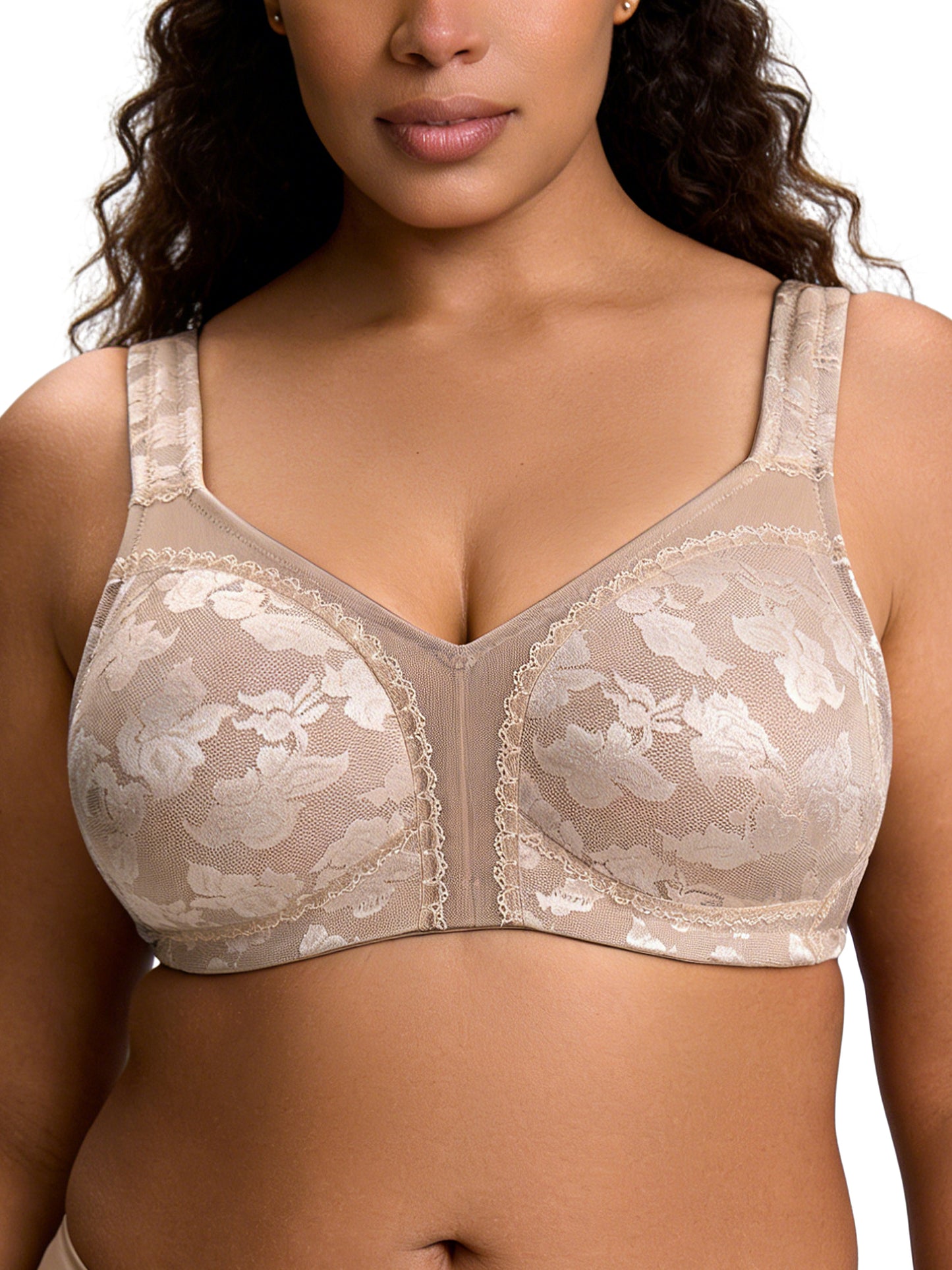 Deyllo Women Full Coverage Non Padded Bras Plus Size Minimizer Bra Wirefree Push Up Brown Bras