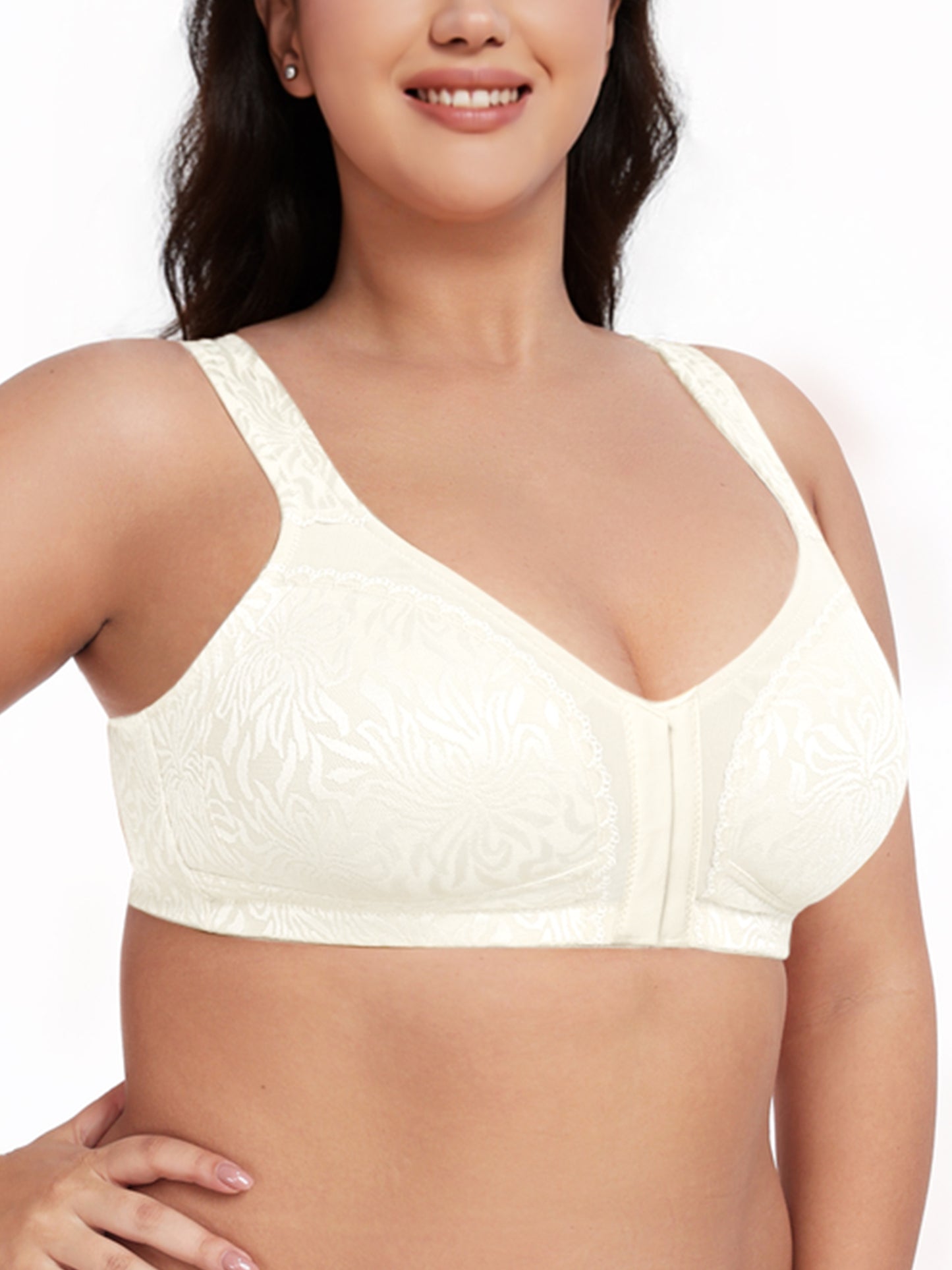 Deyllo Women Front Closure Full Coverage Bras Plus Size Minimizer Bras Wireless Non Padded Ivory Bras