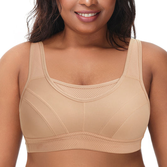 Deyllo Women's Plus Size Sports Bra, High Impact Full Support, Non-Padded Wireless Workout Running Beige Bra